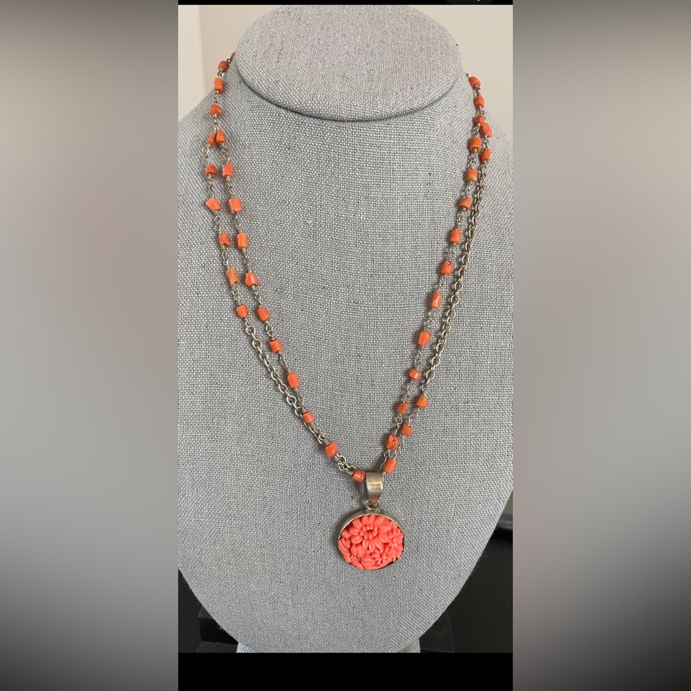 Necklace coral glass pressed molded flower 925 sterling Silver boho artisan 20”